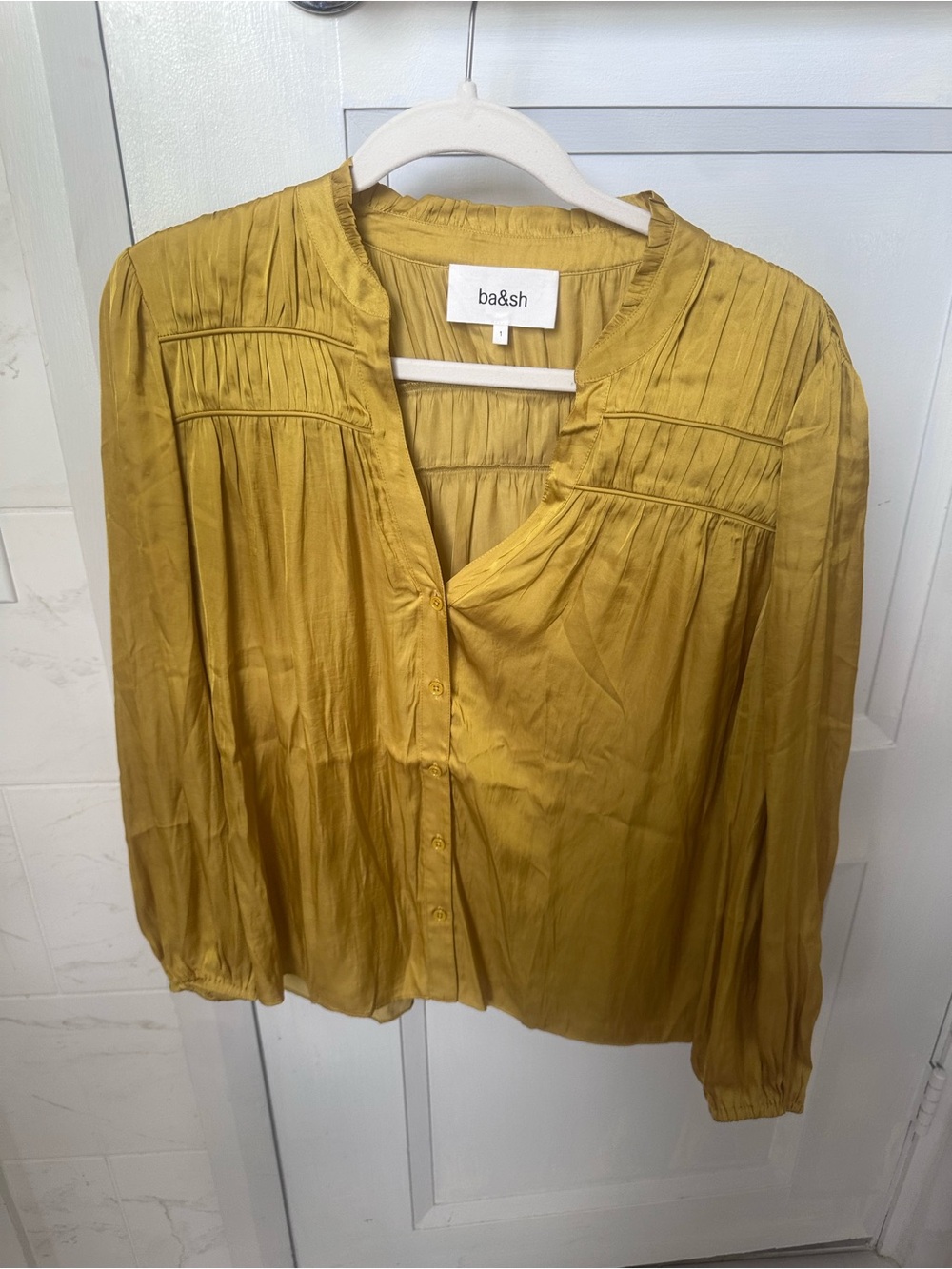 ba&sh Golden Mustard Pleated Button-Front Blouse